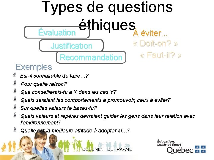 Types de questions éthiques Évaluation À éviter. . . Justification Recommandation Exemples « Doit-on?