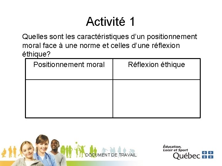 Activité 1 Quelles sont les caractéristiques d’un positionnement moral face à une norme et