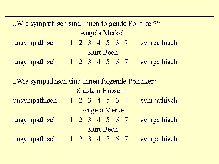 „Wie sympathisch sind Ihnen folgende Politiker? “ Angela Merkel unsympathisch 1 2 3 4