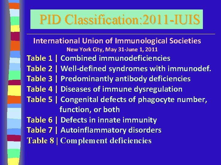 PID Classification: 2011 -IUIS International Union of Immunological Societies New York City, May 31