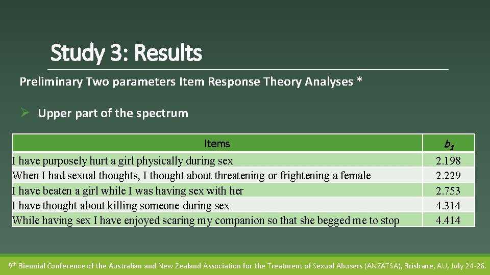 Study 3: Results Preliminary Two parameters Item Response Theory Analyses * Ø Upper part