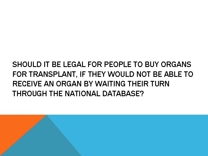 SHOULD IT BE LEGAL FOR PEOPLE TO BUY ORGANS FOR TRANSPLANT, IF THEY WOULD