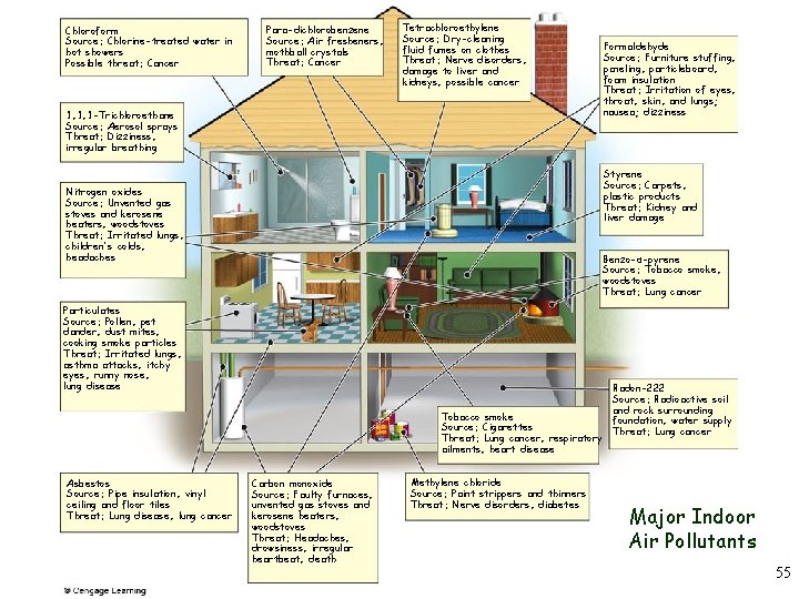 Chloroform Source: Chlorine-treated water in hot showers Possible threat: Cancer Para-dichlorobenzene Source: Air fresheners,