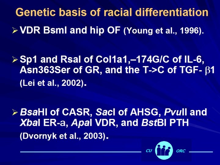 Genetic basis of racial differentiation Ø VDR Bsm. I and hip OF (Young et