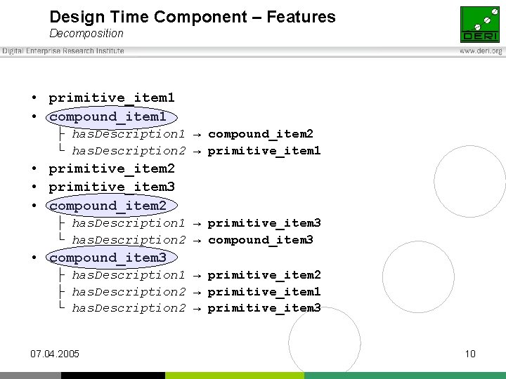 Design Time Component – Features Decomposition • primitive_item 1 • compound_item 1 ├ has.