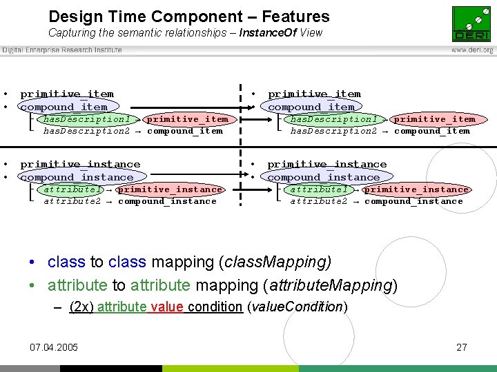 Design Time Component – Features Capturing the semantic relationships – Instance. Of View •
