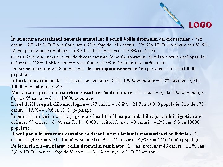 LOGO În structura mortalităţii generale primul loc îl ocupă bolile sistemului cardiovascular - 728