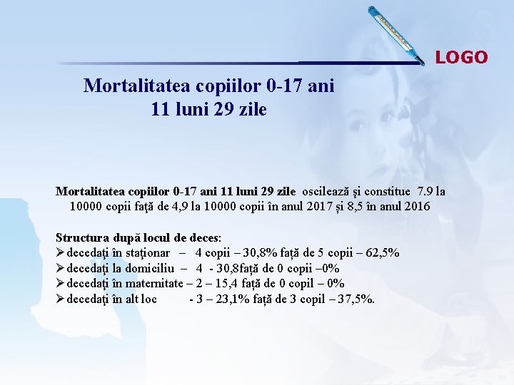 LOGO Mortalitatea copiilor 0 -17 ani 11 luni 29 zile oscilează şi constitue 7.