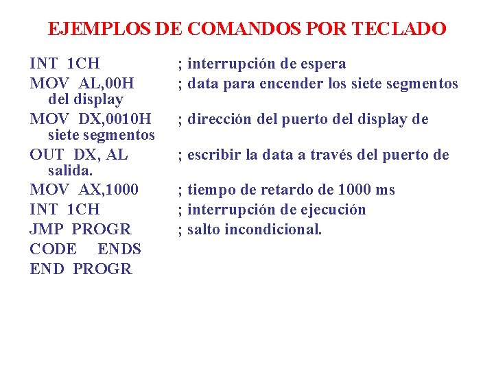 EJEMPLOS DE COMANDOS POR TECLADO INT 1 CH MOV AL, 00 H del display