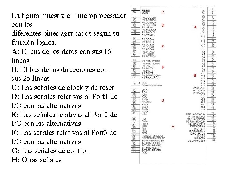 La figura muestra el microprocesador con los diferentes pines agrupados según su función lógica.