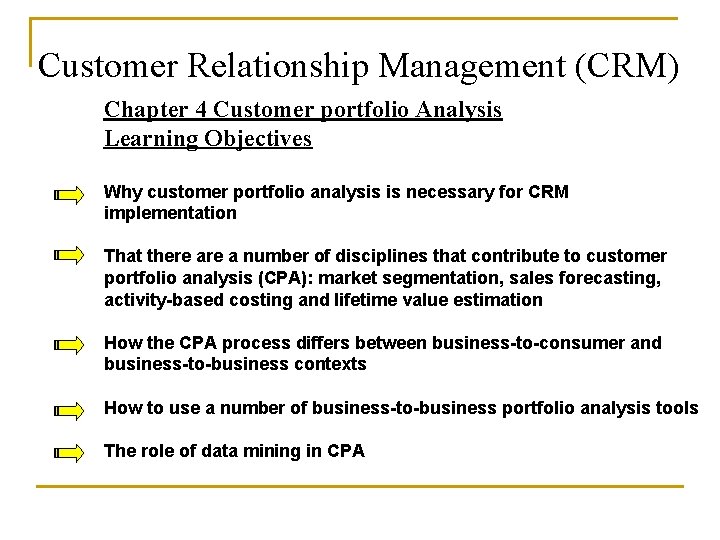 Customer Relationship Management (CRM) Chapter 4 Customer portfolio Analysis Learning Objectives Why customer portfolio