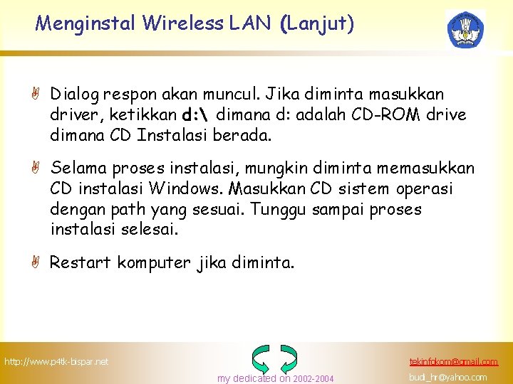 Menginstal Wireless LAN (Lanjut) A Dialog respon akan muncul. Jika diminta masukkan driver, ketikkan