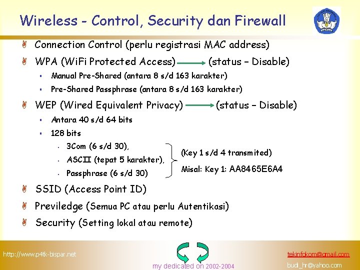 Wireless - Control, Security dan Firewall A Connection Control (perlu registrasi MAC address) A