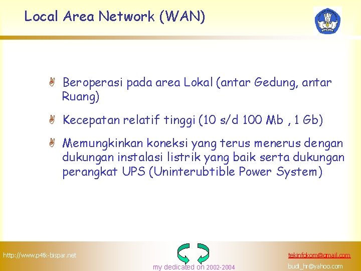 Local Area Network (WAN) A Beroperasi pada area Lokal (antar Gedung, antar Ruang) A