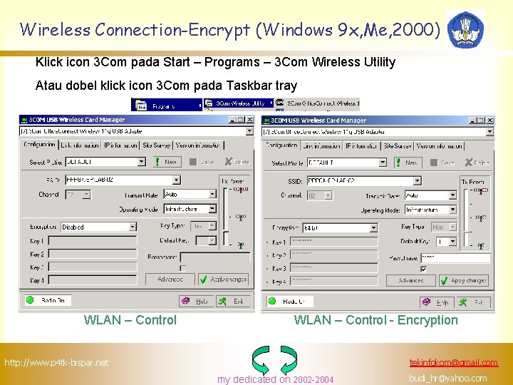 Wireless Connection-Encrypt (Windows 9 x, Me, 2000) Klick icon 3 Com pada Start –