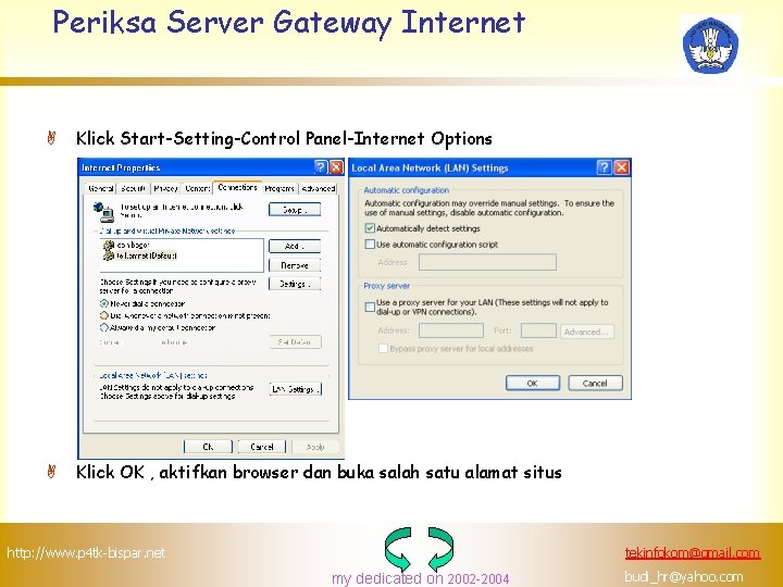 Periksa Server Gateway Internet A Klick Start-Setting-Control Panel-Internet Options A Klick OK , aktifkan