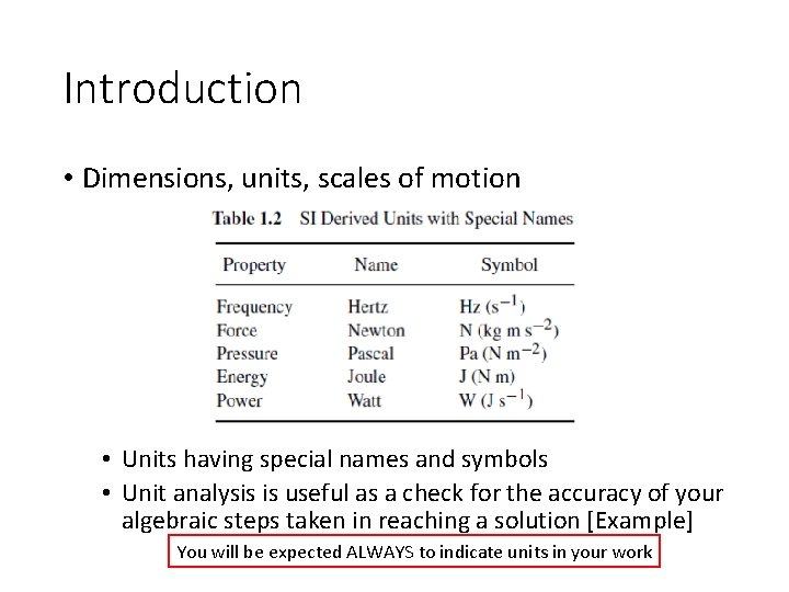 Introduction • Dimensions, units, scales of motion • Units having special names and symbols