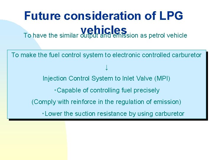 Future consideration of LPG vehicles To have the similar output and emission as petrol