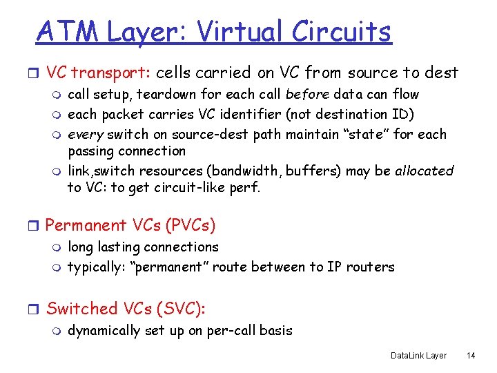 ATM Layer: Virtual Circuits r VC transport: cells carried on VC from source to