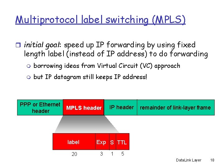 Multiprotocol label switching (MPLS) r initial goal: speed up IP forwarding by using fixed