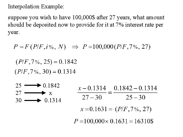 Interpolation Example: suppose you wish to have 100, 000$ after 27 years, what amount