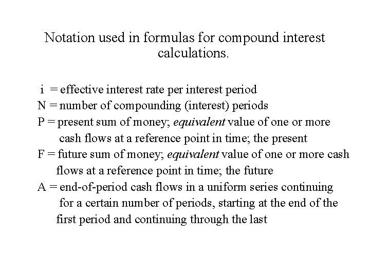 Notation used in formulas for compound interest calculations. i = effective interest rate per