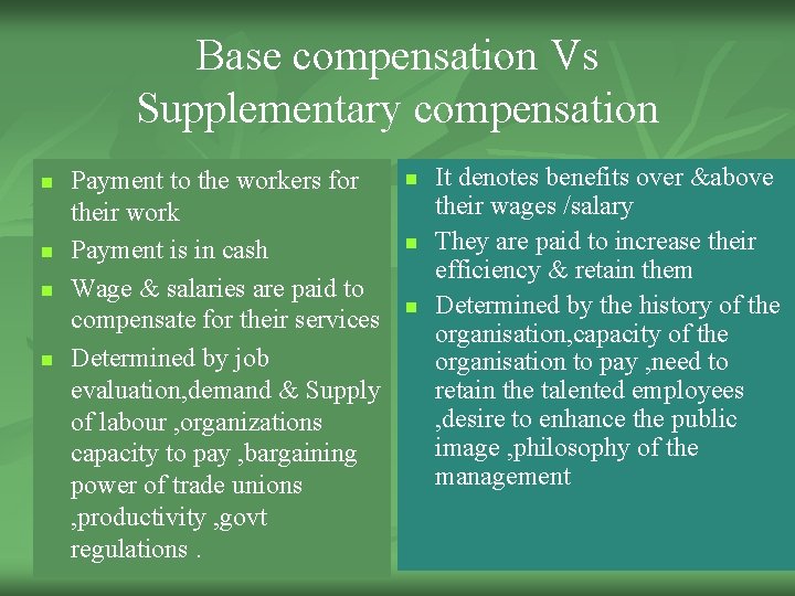 Base compensation Vs Supplementary compensation n n Payment to the workers for their work