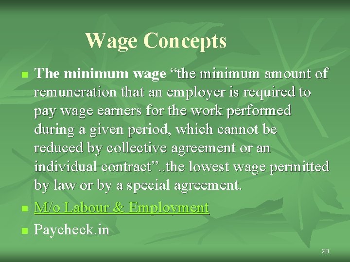 Wage Concepts n n n The minimum wage “the minimum amount of remuneration that