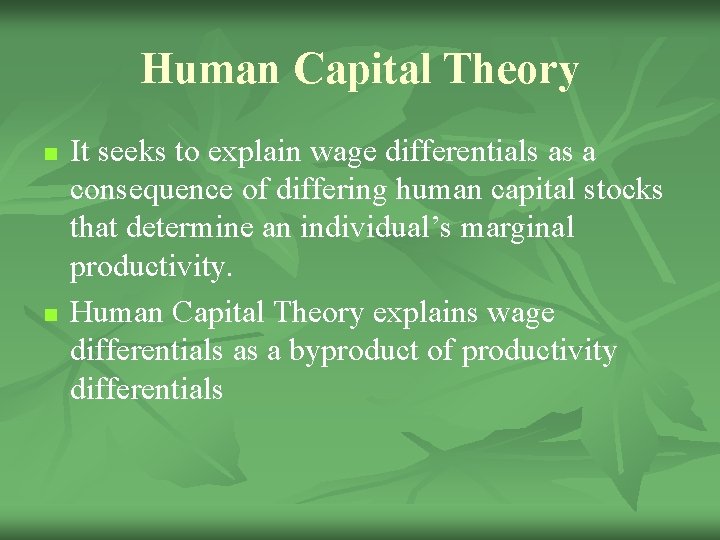 Human Capital Theory n n It seeks to explain wage differentials as a consequence