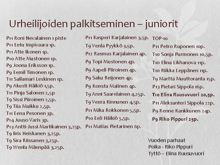 Urheilijoiden palkitseminen – juniorit P 11 Roni Nevalainen 1 piste P 11 Eetu Impivaara