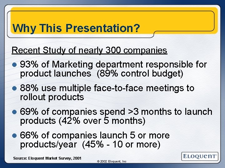 Why This Presentation? Recent Study of nearly 300 companies l 93% of Marketing department Why This Presentation? Recent Study of nearly 300 companies l 93% of Marketing department