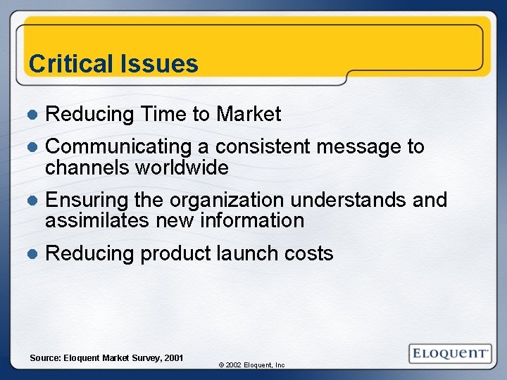 Critical Issues l Reducing Time to Market l Communicating a consistent message to channels Critical Issues l Reducing Time to Market l Communicating a consistent message to channels