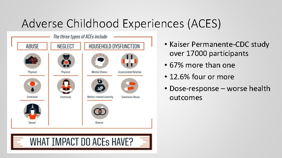 Adverse Childhood Experiences (ACES) • Kaiser Permanente-CDC study over 17000 participants • 67% more