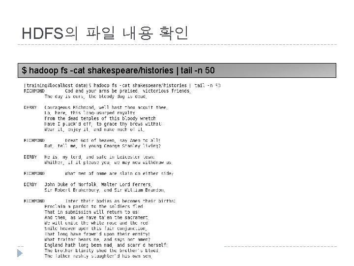 HDFS의 파일 내용 확인 $ hadoop fs -cat shakespeare/histories | tail -n 50 