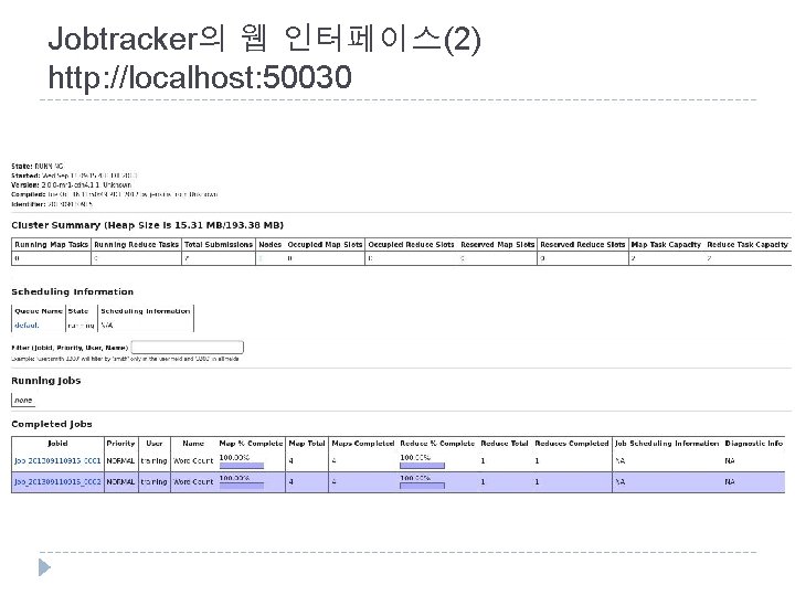 Jobtracker의 웹 인터페이스(2) http: //localhost: 50030 