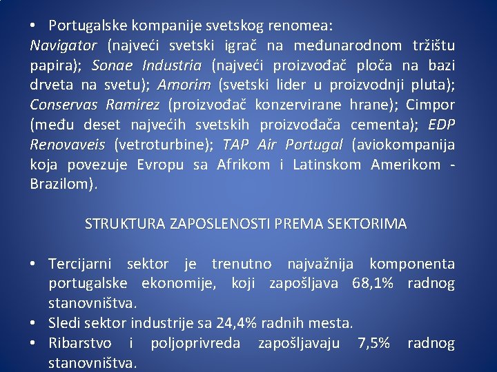  • Portugalske kompanije svetskog renomea: Navigator (najveći svetski igrač na međunarodnom tržištu papira);