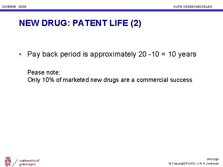 20180605 20/39 DURE GENEESMIDDELEN NEW DRUG: PATENT LIFE (2) • Pay back period is