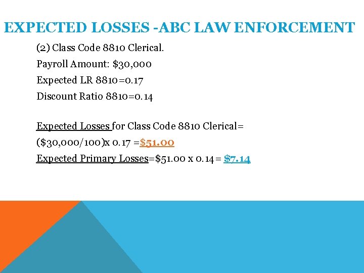 EXPECTED LOSSES -ABC LAW ENFORCEMENT (2) Class Code 8810 Clerical. Payroll Amount: $30, 000