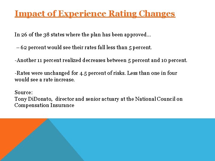Impact of Experience Rating Changes In 26 of the 38 states where the plan