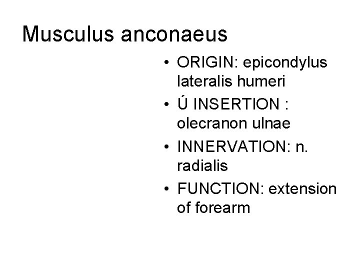 Musculus anconaeus • ORIGIN: epicondylus lateralis humeri • Ú INSERTION : olecranon ulnae •