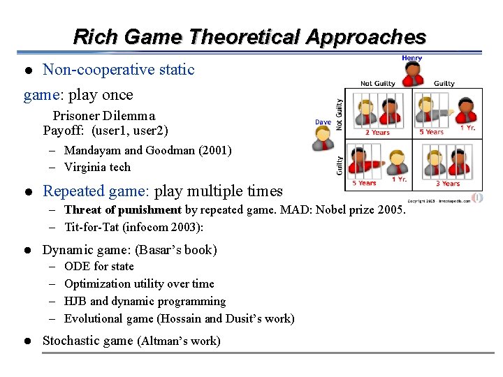 Rich Game Theoretical Approaches Non-cooperative static game: play once l Prisoner Dilemma Payoff: (user