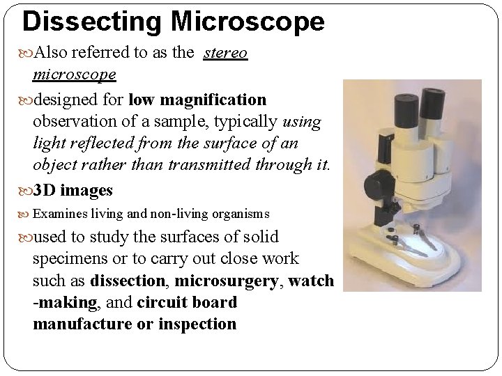Dissecting Microscope Also referred to as the stereo microscope designed for low magnification observation