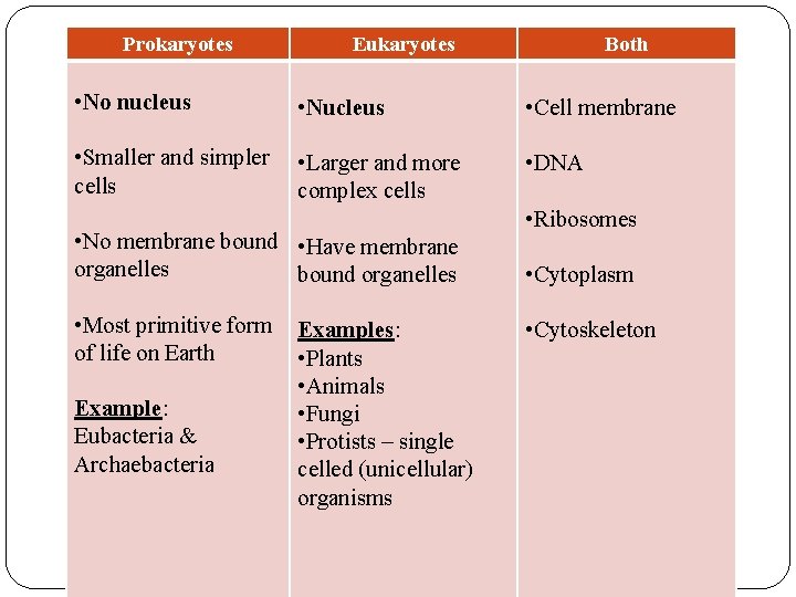 Prokaryotes Eukaryotes Both • No nucleus • Nucleus • Cell membrane • Smaller and