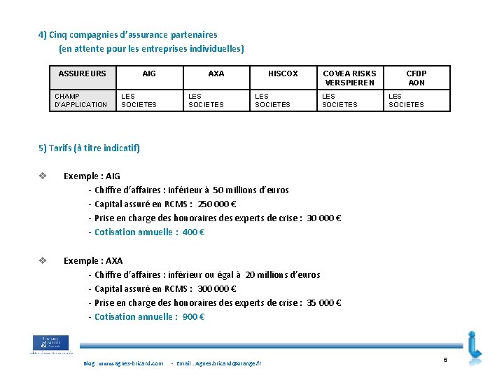 4) Cinq compagnies d’assurance partenaires (en attente pour les entreprises individuelles) ASSUREURS AIG AXA