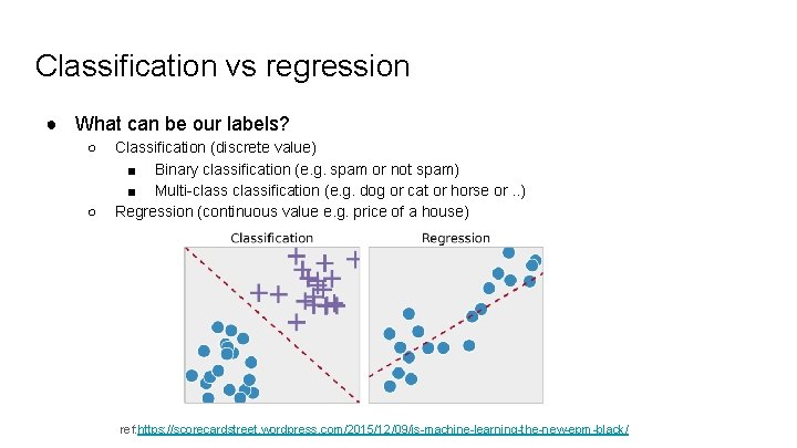 Classification vs regression ● What can be our labels? ○ ○ Classification (discrete value)