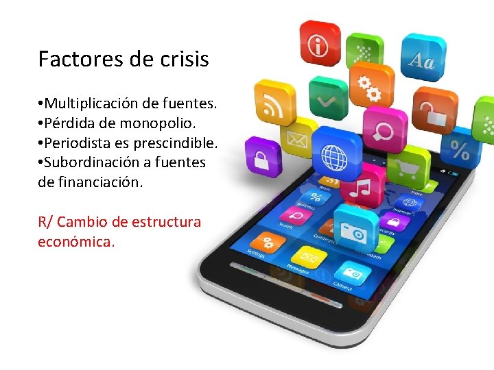 Factores de crisis • Multiplicación de fuentes. • Pérdida de monopolio. • Periodista es