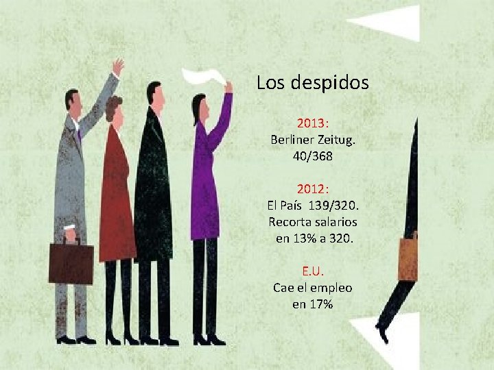 Los despidos 2013: Berliner Zeitug. 40/368 2012: El País 139/320. Recorta salarios en 13%
