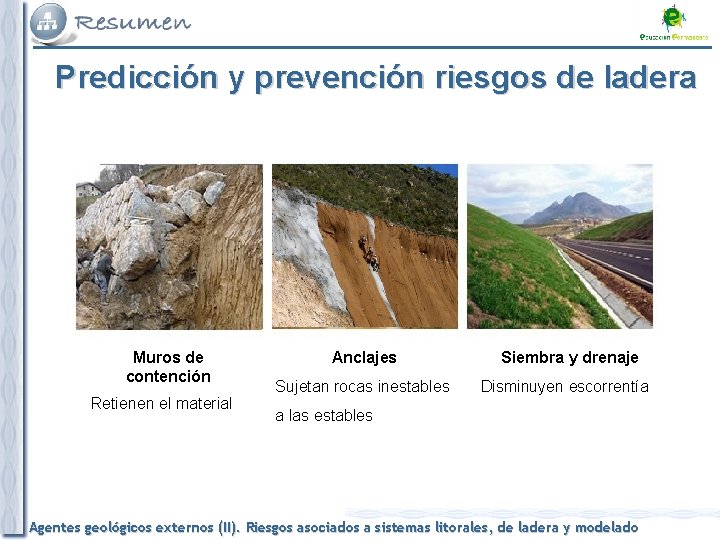 Predicción y prevención riesgos de ladera Muros de contención Retienen el material Anclajes Sujetan