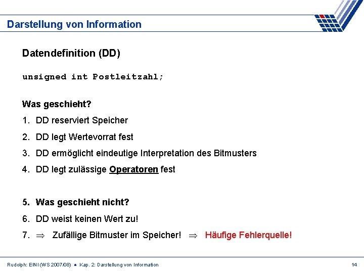 Darstellung von Information Datendefinition (DD) unsigned int Postleitzahl; Was geschieht? 1. DD reserviert Speicher