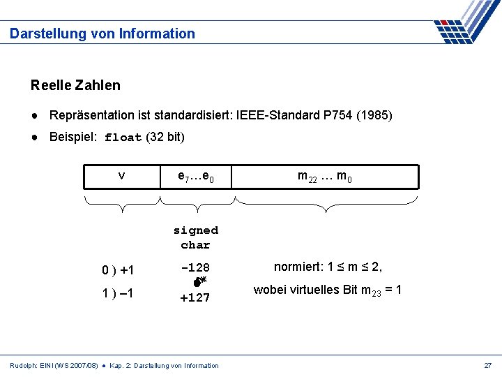 Darstellung von Information Reelle Zahlen ● Repräsentation ist standardisiert: IEEE-Standard P 754 (1985) ●